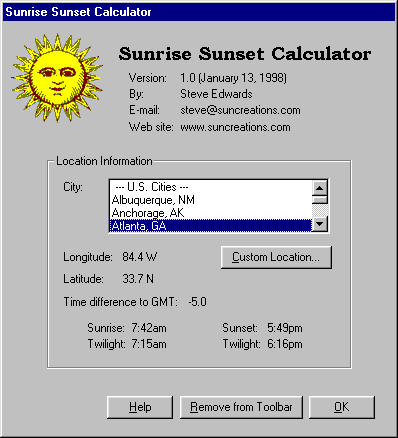 Screen-shot of Sunrise Sunset Calculator